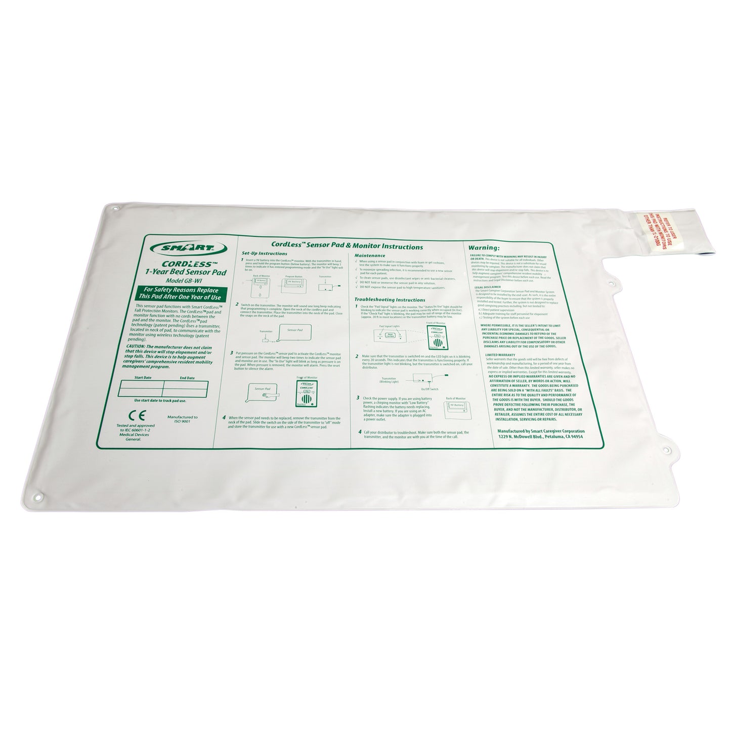 Smart Caregiver CordLess Bed Sensor Pad with printed setup instructions, troubleshooting tips, and warnings on a white surface.