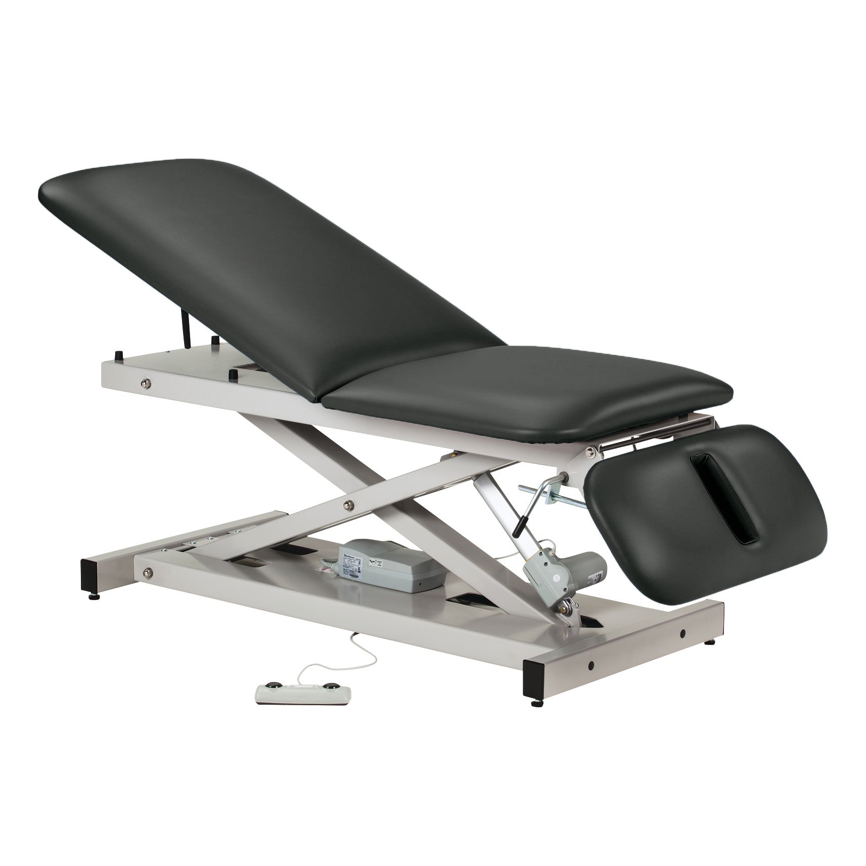 The Clinton Power 500 Open Base Table is an adjustable medical exam table with black padding and a headrest, featuring a foot pedal.