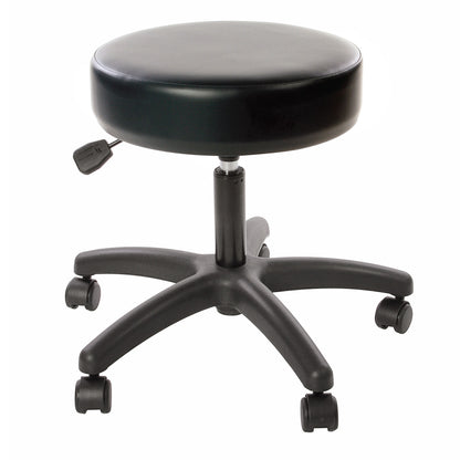 AliMed All-Purpose Stool with Safe-Brake Casters features a round, black padded seat and a five-wheel base for mobility.