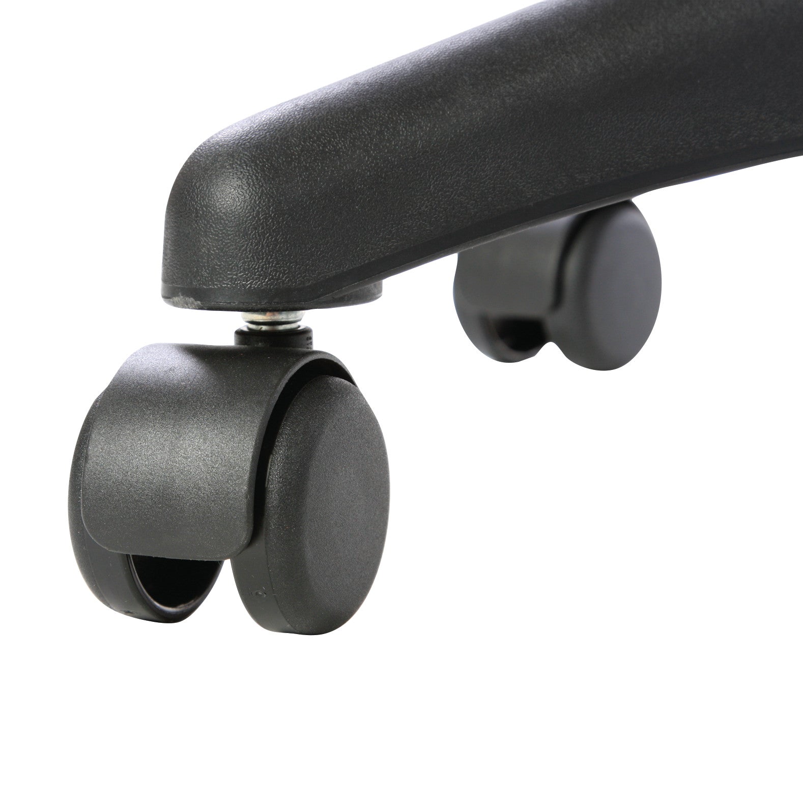 Close-up of the AliMed All-Purpose Stool with Safe-Brake Casters, showing a black caster wheel on a smooth surface.