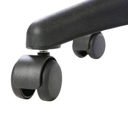 Close-up of the AliMed All-Purpose Stool with Safe-Brake Casters, showing a black caster wheel on a smooth surface.