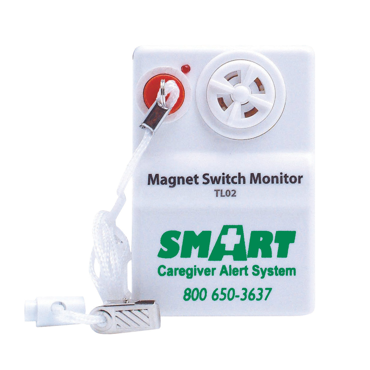 Smart Caregiver Magnetic Pull-String Alarm with a magnetic switch and cord for patient monitoring, shown with contact info.