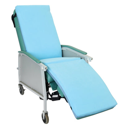 The METRIS Comfort Seat Geri-Chair Overlay is shown on a reclining chair with light blue cushioning and adjustable footrest on wheels.