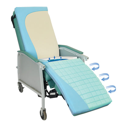 A METRIS Comfort Seat Geri-Chair Overlay with blue padding and arrows indicating its adjustable and breathable features.