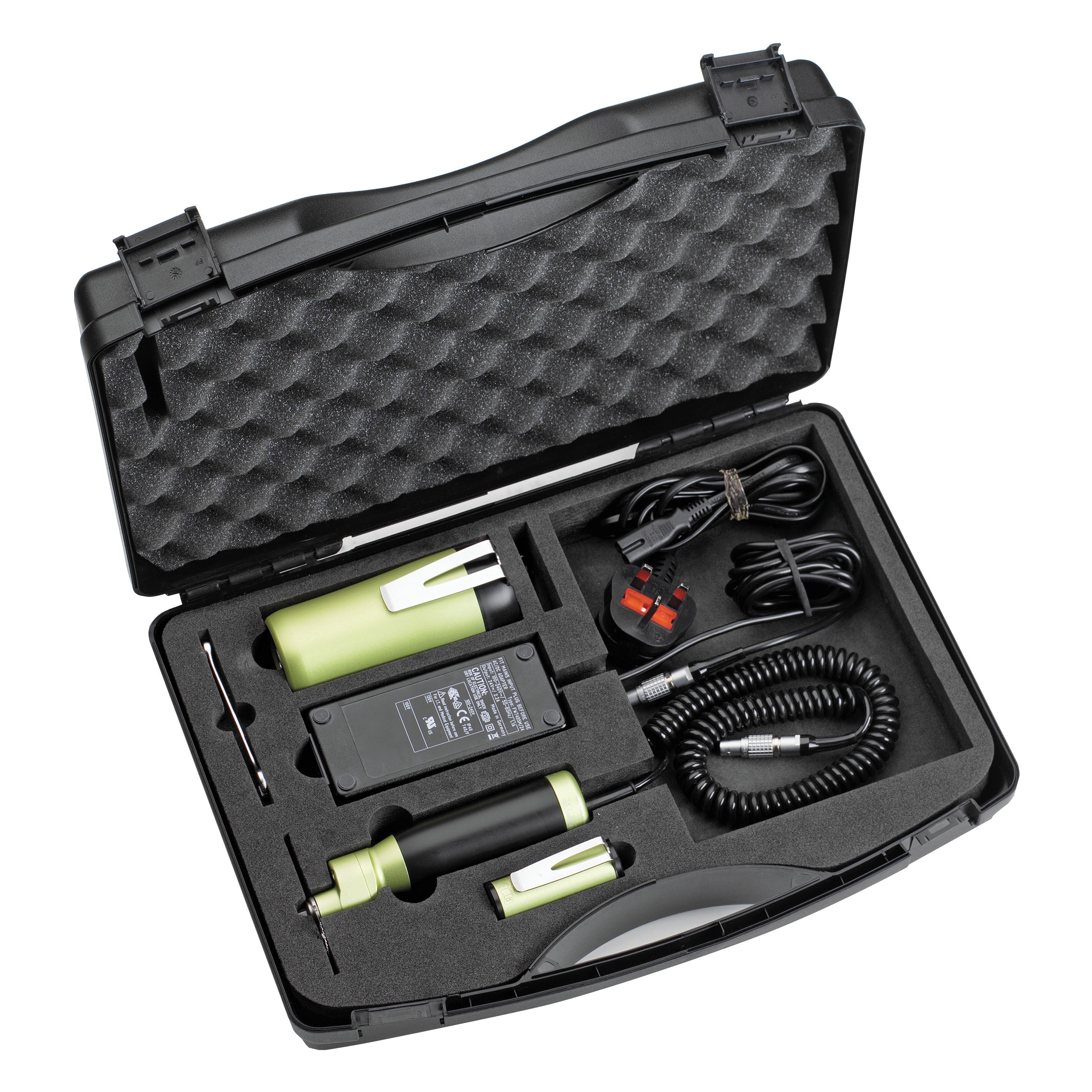 The DeSoutter CleanCast  Cast Saw System is in an open black case with various components and cables arranged in foam compartments.