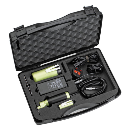 The DeSoutter CleanCast  Cast Saw System is in an open black case with various components and cables arranged in foam compartments.