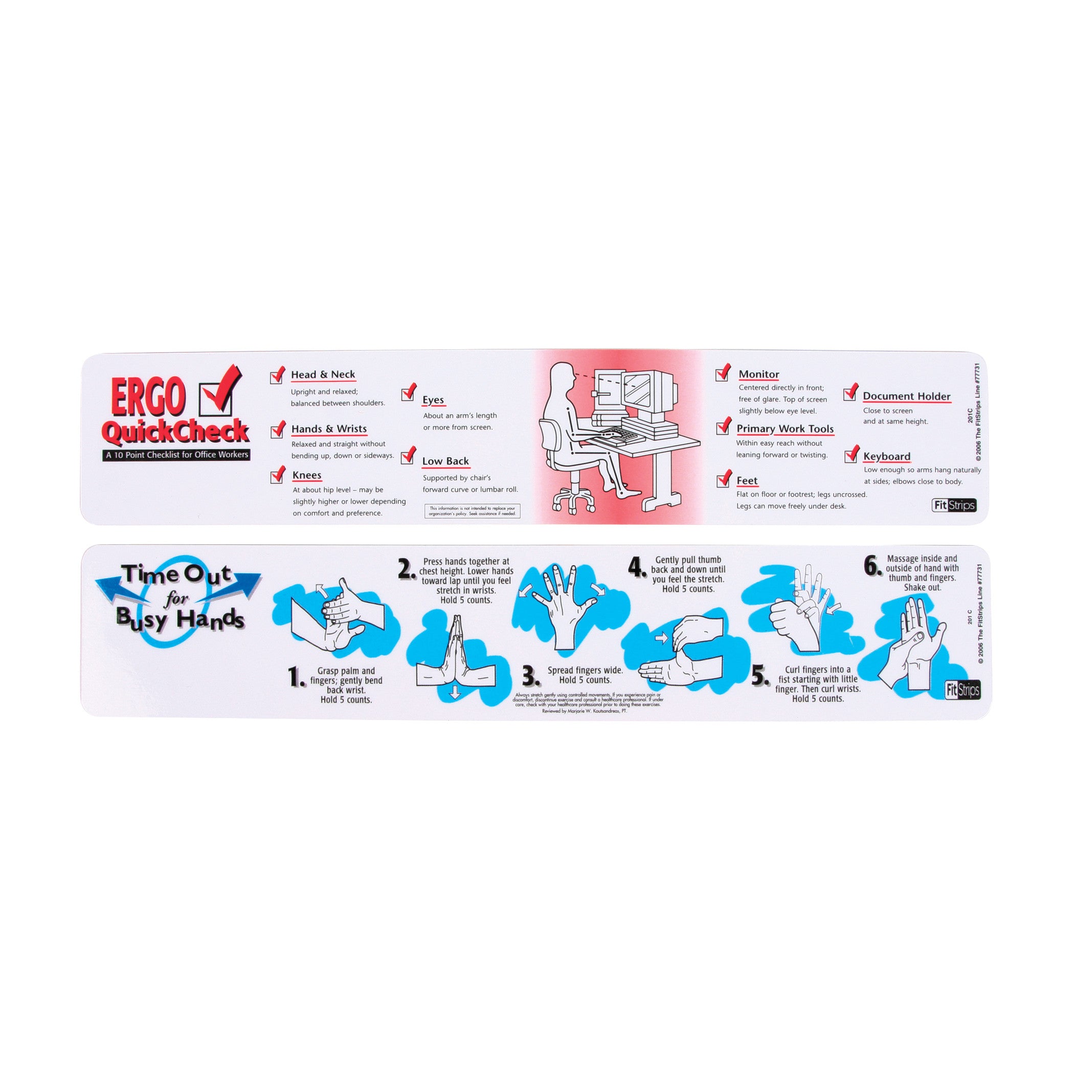 "Ergo Fit Strip for Keyboards showing ergonomic tips for office workers and hand exercises with illustrated instructions."