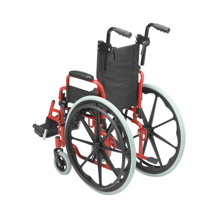 Wallaby Pediatric Wheelchair in red with large rear wheels, black seat and backrest, adjustable footrests, and push handles.