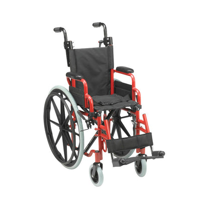 Drive Medical Wallaby Pediatric Wheelchair with a red frame, black seat, and large rear wheels, designed for children.