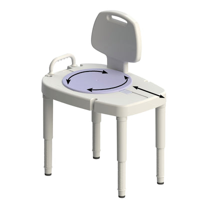 Sliding-Rotating Transfer Bench with a backrest, handle, and adjustable legs, featuring a circular seat with directional arrows.
