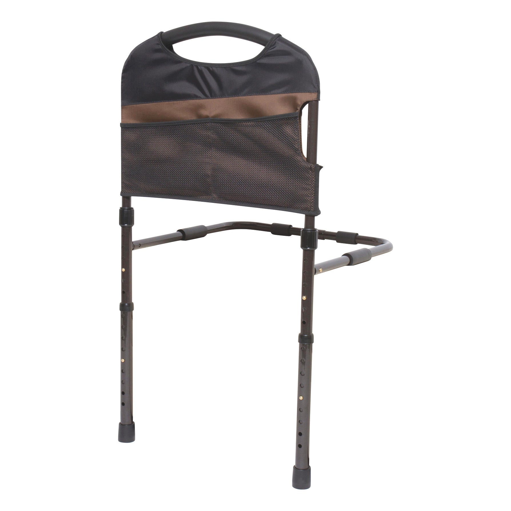 Stander Stable Rail, a bed support device with adjustable legs and a handle, features a black mesh pocket for storage.