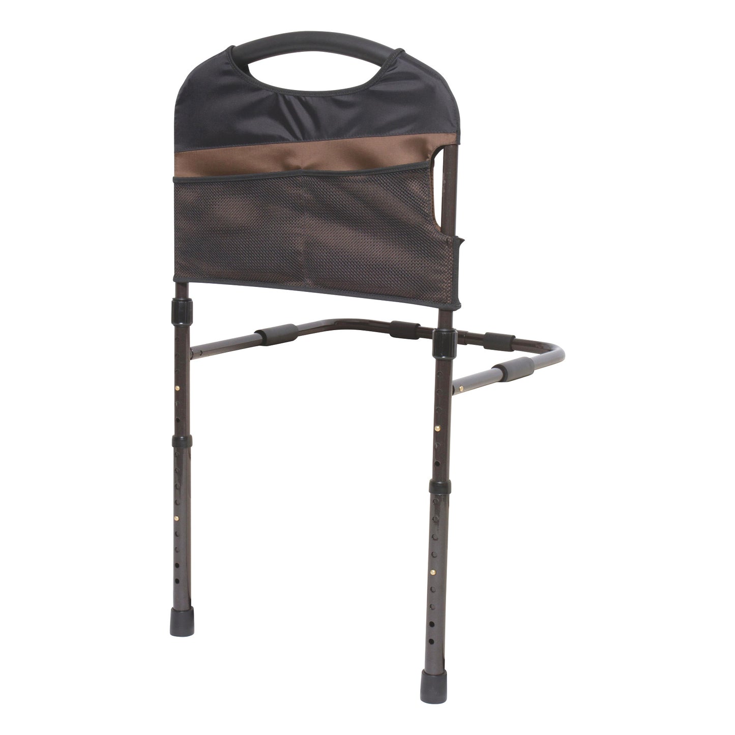 Stander Stable Rail, a bed support device with adjustable legs and a handle, features a black mesh pocket for storage.