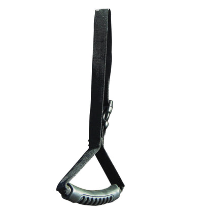 A Car Caddie assist handle with a black strap and a textured plastic grip, designed to help passengers enter and exit vehicles.