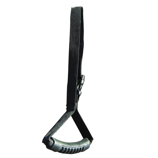 A Car Caddie assist handle with a black strap and a textured plastic grip, designed to help passengers enter and exit vehicles.