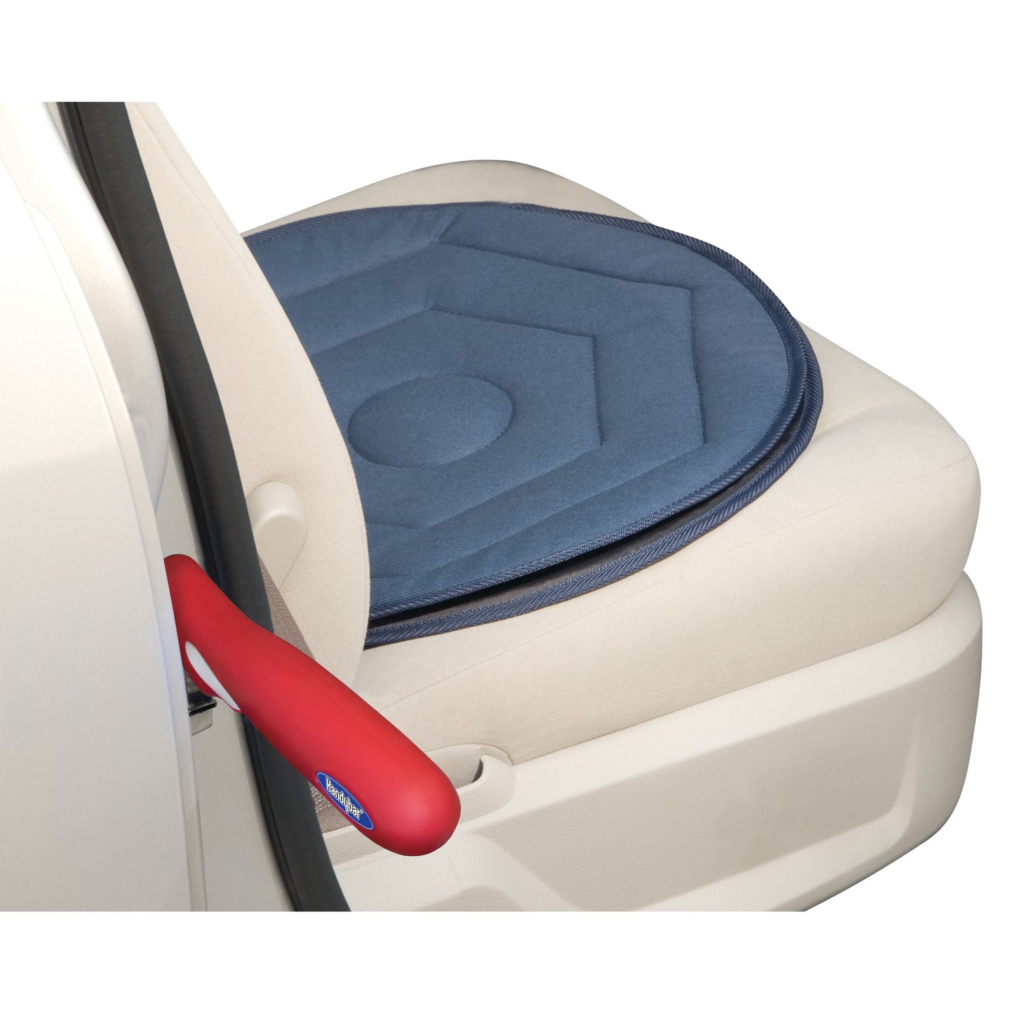 A car seat with a blue, circular cushion and a red support handle, part of the Automobility Solution for ease of access.