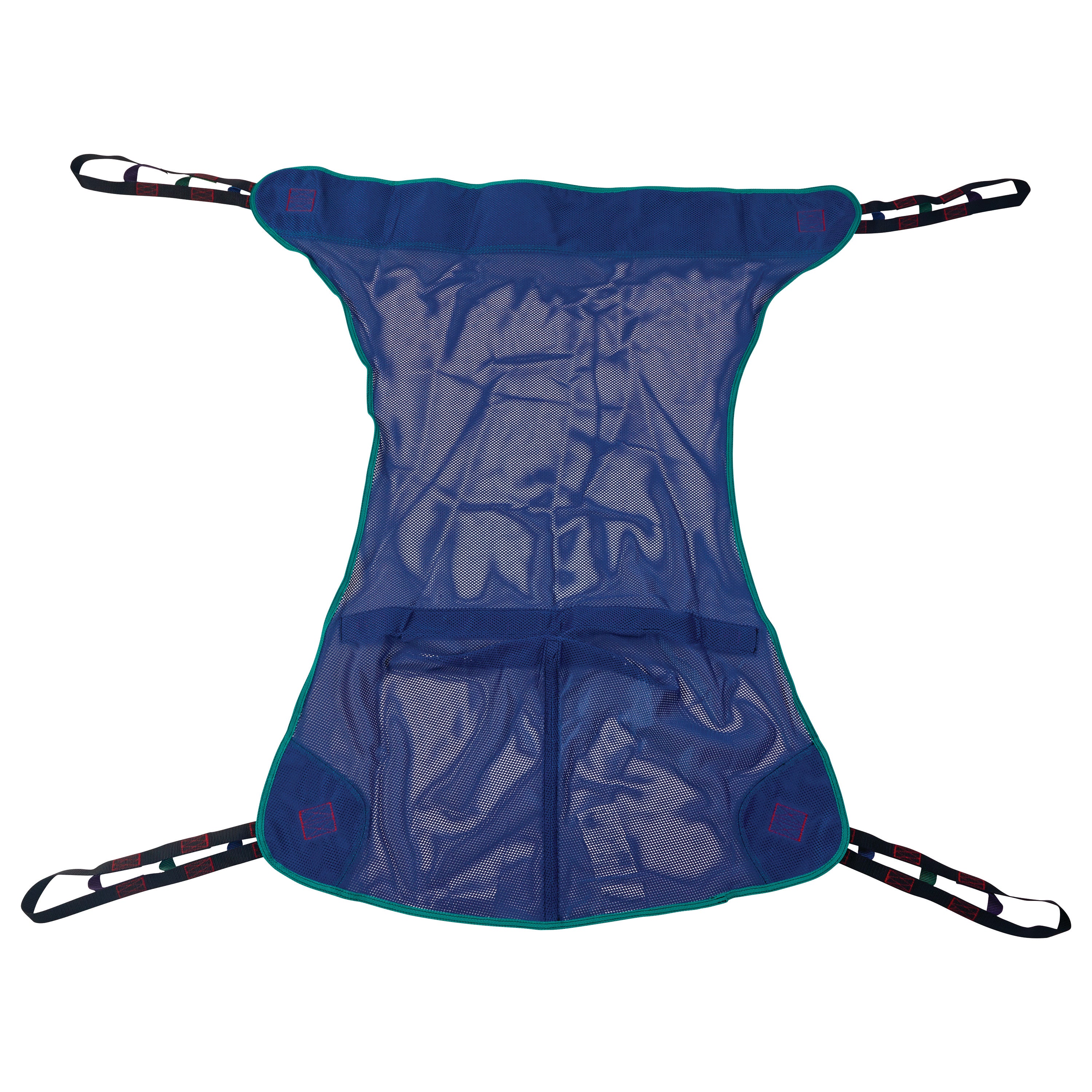 The Invacare Full Body Patient Sling is blue, mesh, and rectangular with four attached straps for easy lifting and positioning.