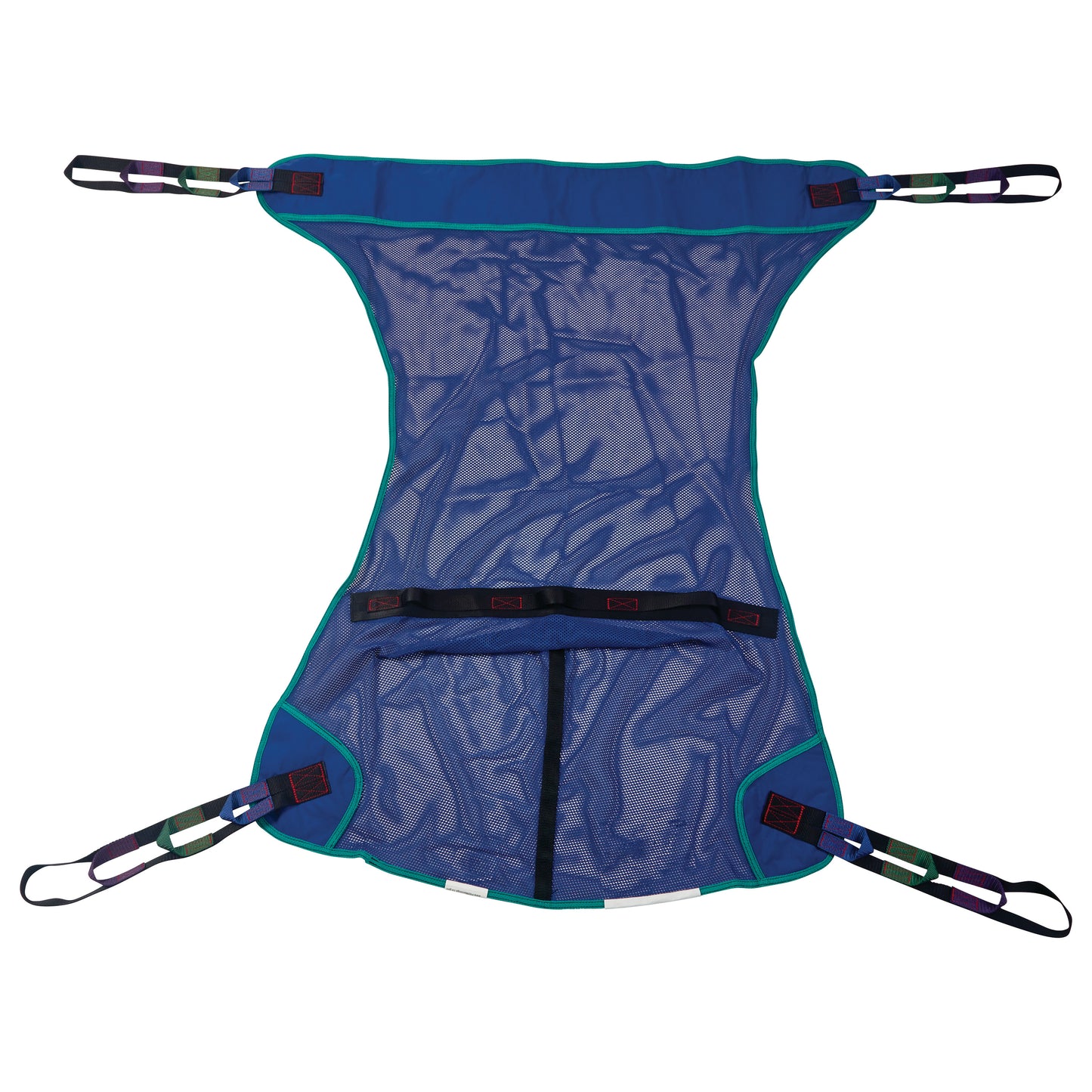 The Invacare Full Body Patient Sling is a blue mesh sling with multiple colored loops and reinforced edges for safe patient transfers.