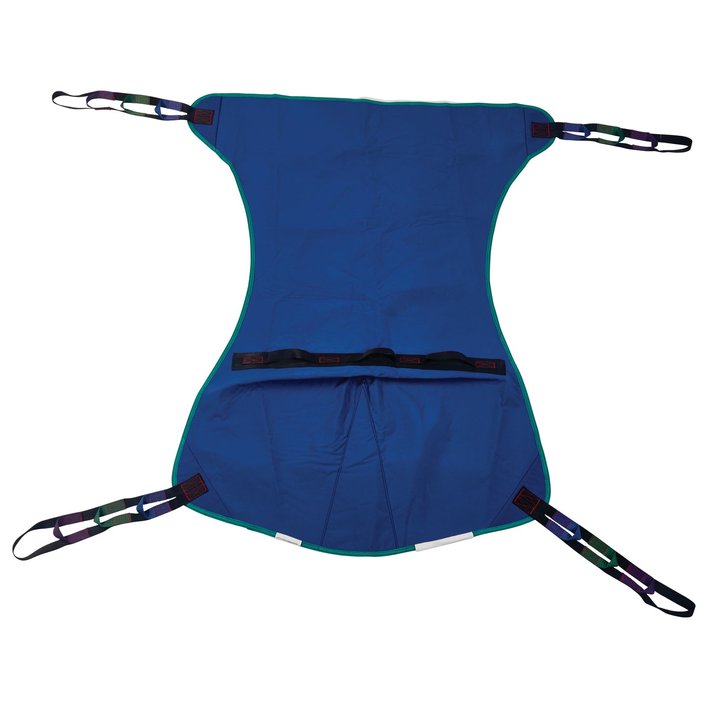 The image shows an Invacare Full Body Patient Sling, dark blue in color with sturdy black straps and green trim.