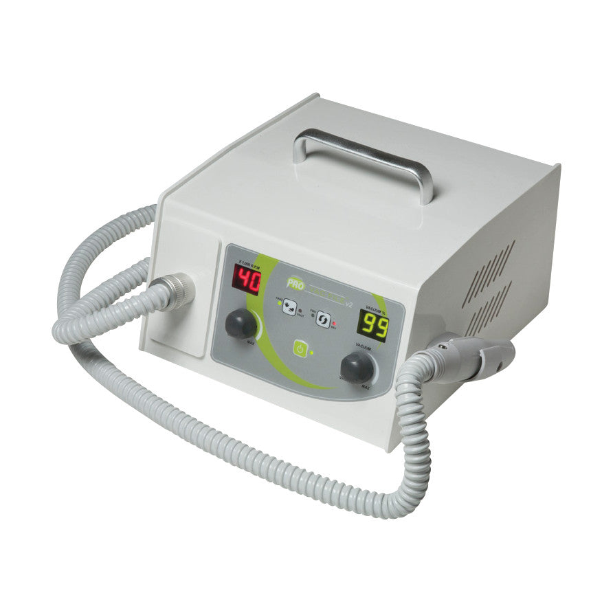 The Pro Vac File Debriding Drill with Vacuum is a white, box-shaped device featuring control knobs, a digital display, and a coiled hose.