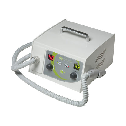 The Pro Vac File Debriding Drill with Vacuum is a white, box-shaped device featuring control knobs, a digital display, and a coiled hose.