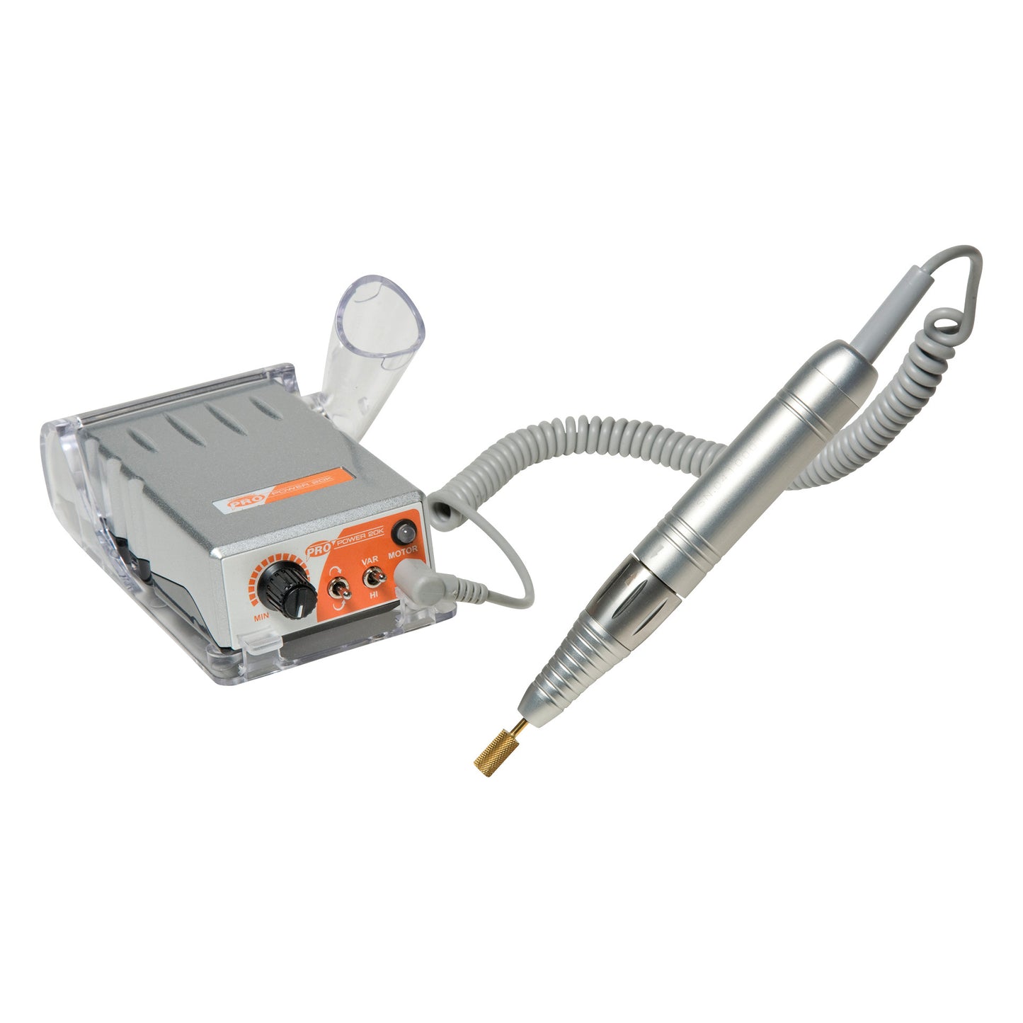 Pro Power 20K Portable Rechargeable Electric Debriding File with a handheld tool, coiled cord, and control unit with dials and switches.
