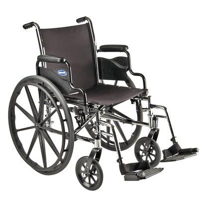 Invacare Tracer SX5 Wheelchair with Desk Arms features a black seat, side guards, and leg rests on a chrome frame.