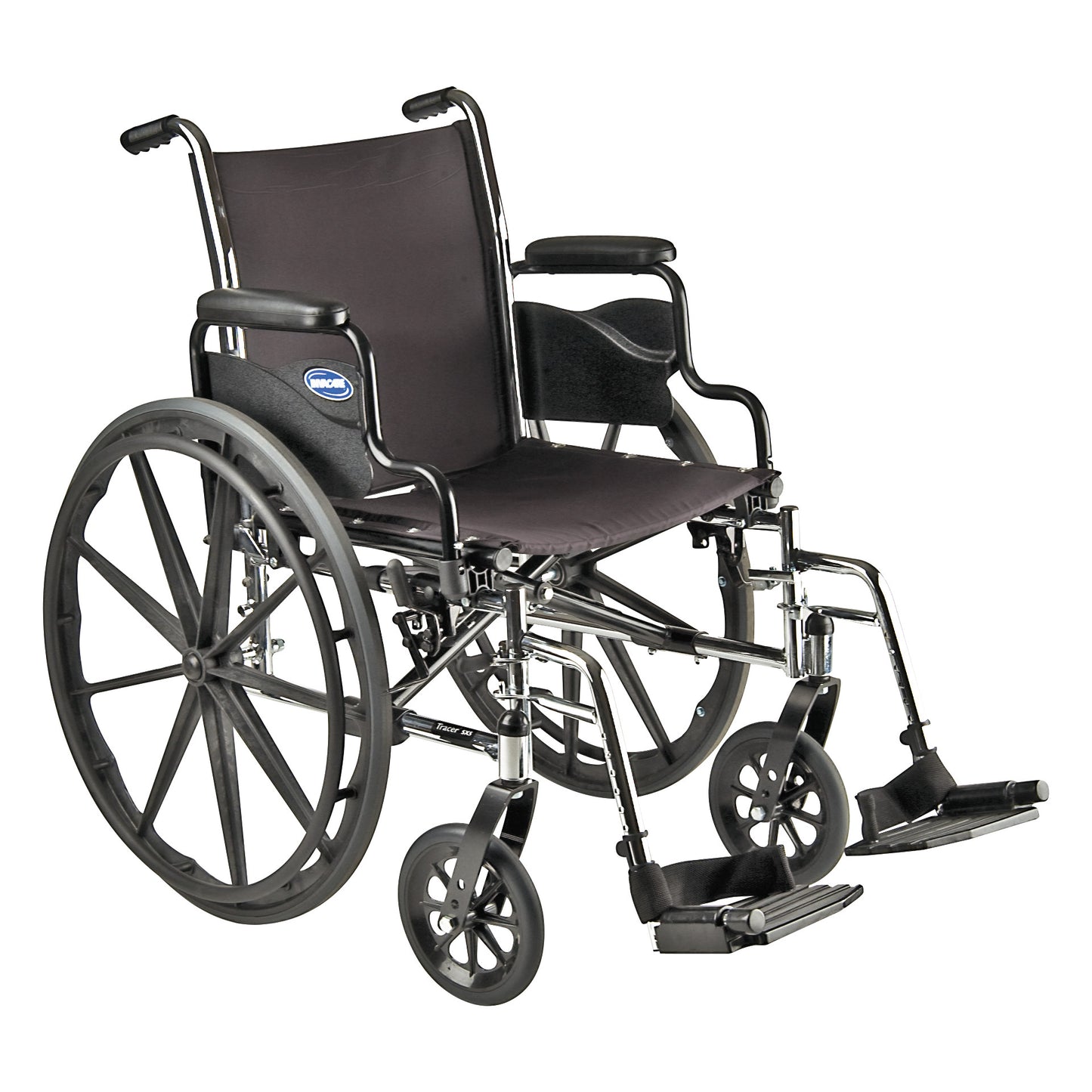 The Invacare Tracer SX5 Wheelchair with Desk Arms features a black seat, large rear wheels, and footrests, designed for mobility.