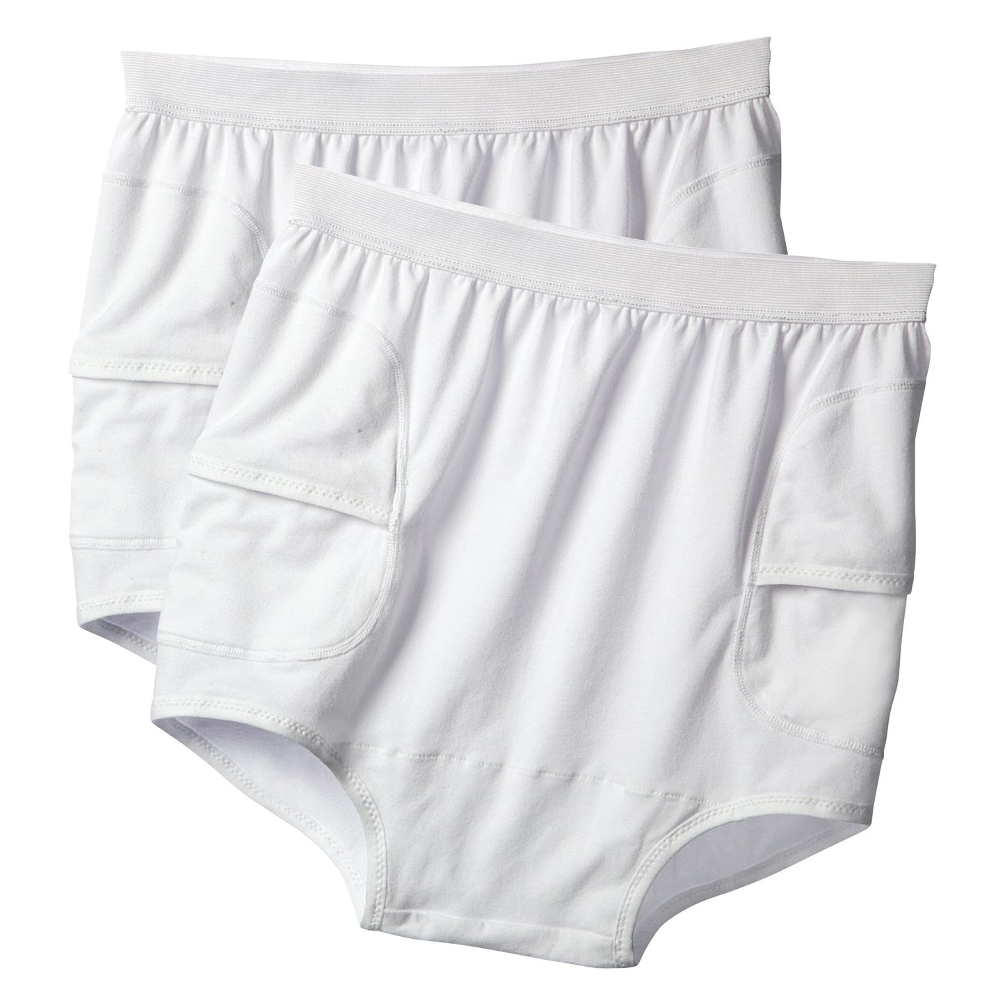Two white AliMed HipShield X-tra Hip Protectors with padded sides and elastic waistbands, designed for protection.