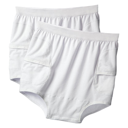 Two AliMed HipShield X-tra Hip Protector garments, white in color, with padded side panels and elastic waistbands.