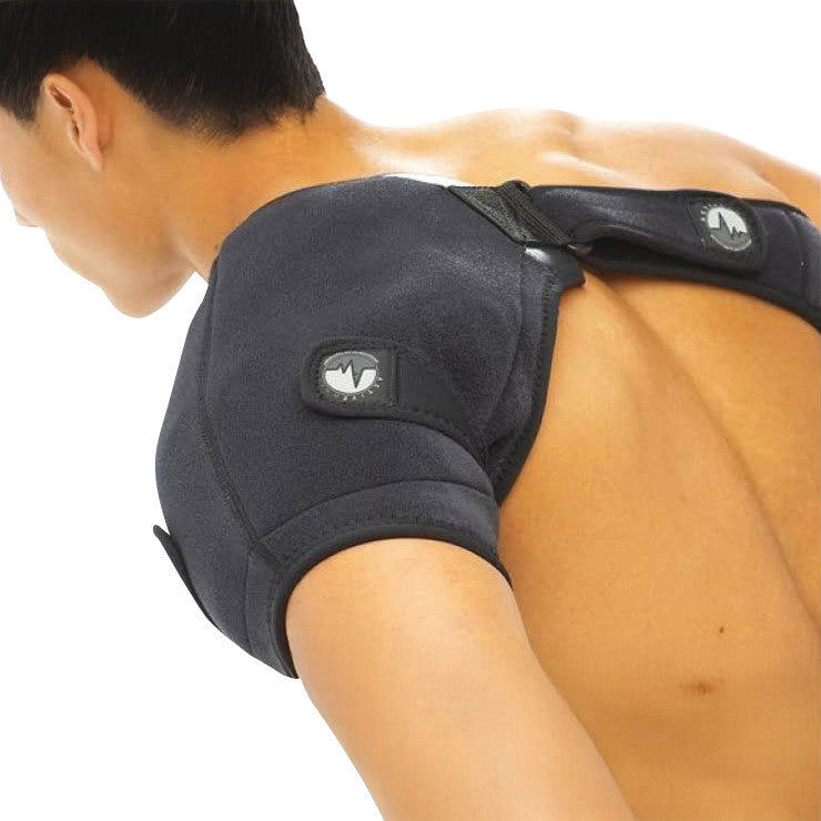 A person wearing an ActiveWrap shoulder support, designed in black fabric, covering the upper shoulder and upper back.