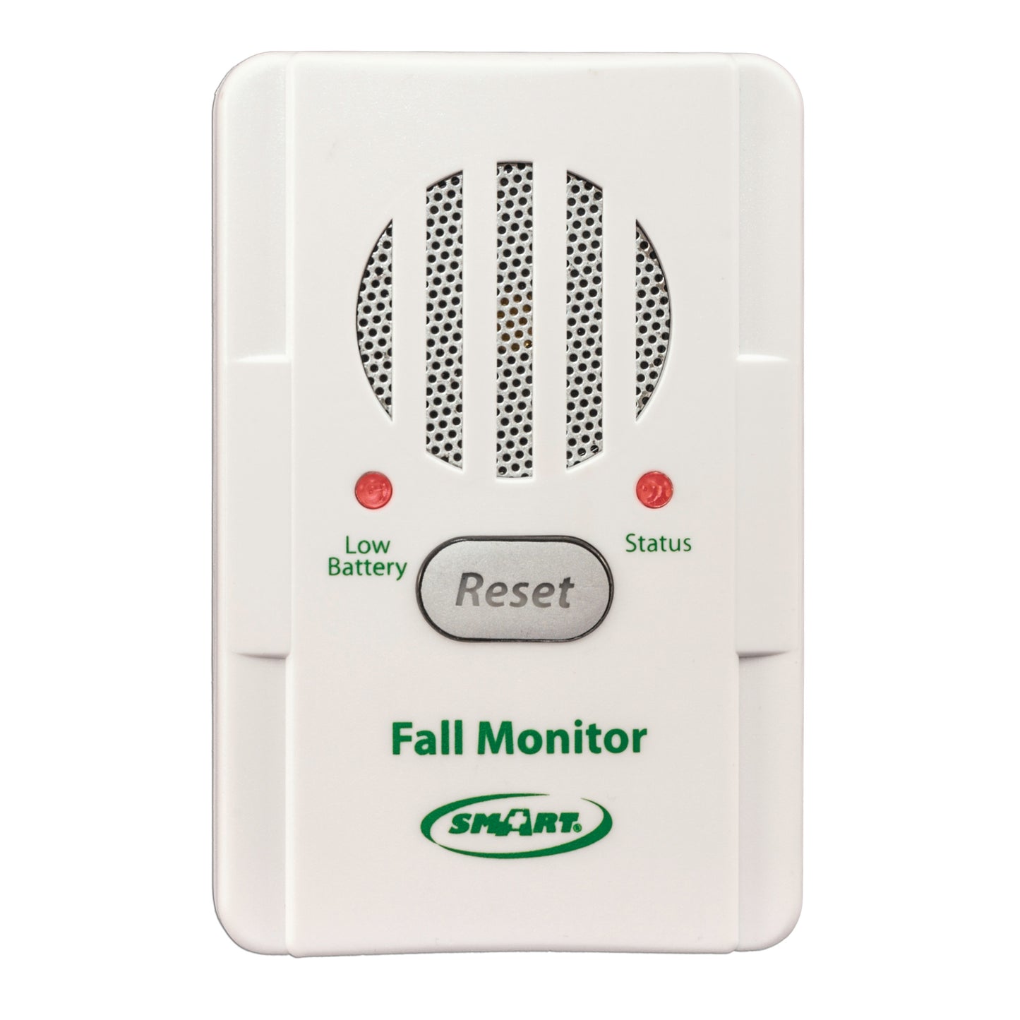 Smart Caregiver Basic Fall Monitor device with speaker, reset button, low battery, and status indicators on the front panel.