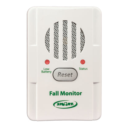 Smart Caregiver Basic Fall Monitor device with speaker, reset button, low battery, and status indicators on the front panel.
