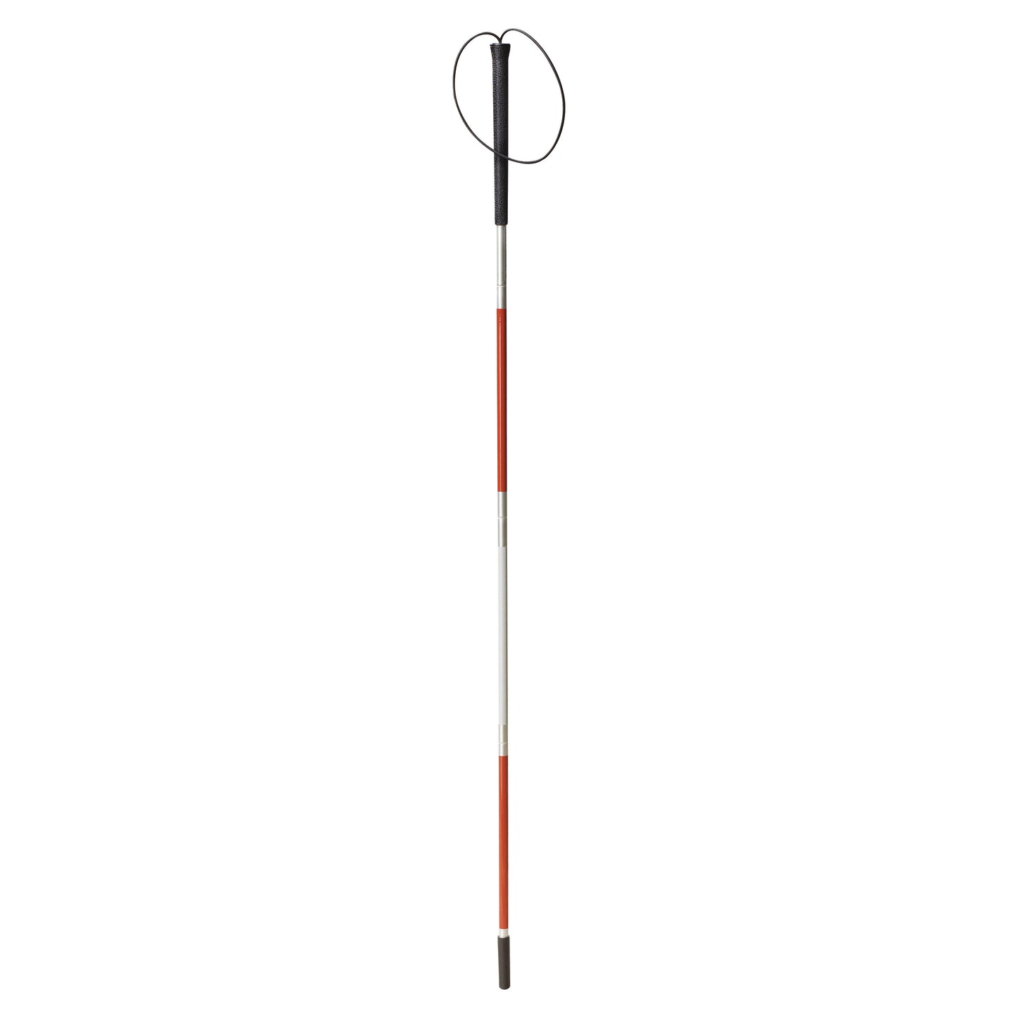 Drive Medical Walking Cane for the Blind, featuring a reflective white and red shaft, black handle, and looped strap.
