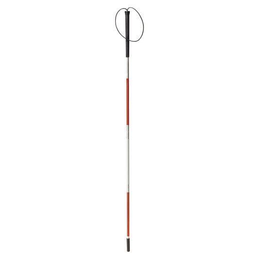 Drive Medical Walking Cane for the Blind, featuring a reflective white and red shaft, black handle, and looped strap.