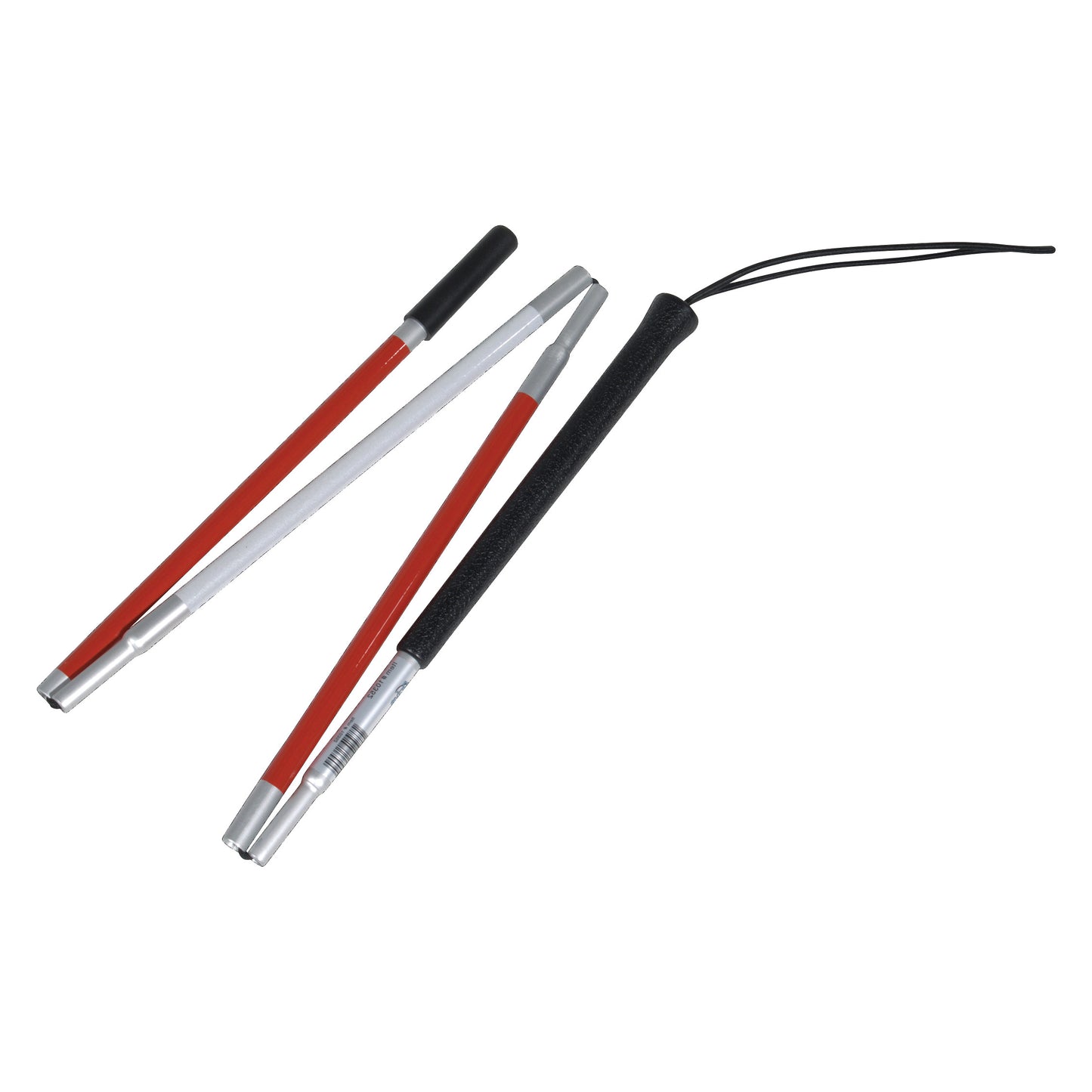 Drive Medical Walking Cane for the Blind, foldable with a red and white design and a black ergonomic handle with a wrist strap.