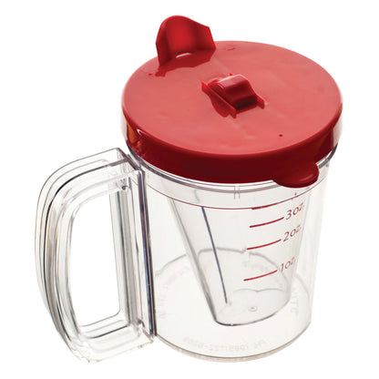 A clear plastic Wedge Cup with a red lid, designed with measurement markings on the side and a large handle for ease of use.