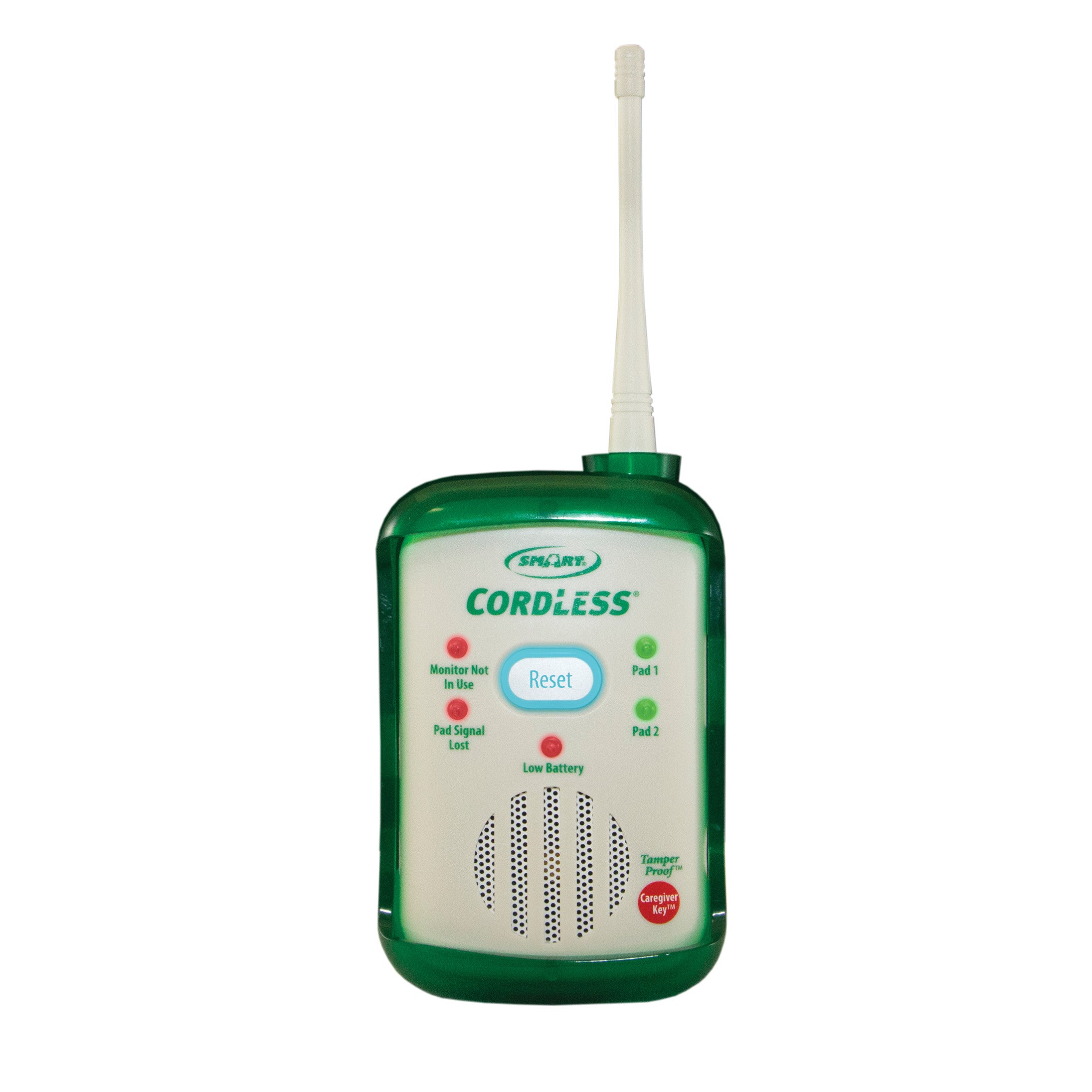 Smart Caregiver CordLess Fall Alarm with a green border, antenna, buttons labeled "Reset," status lights, and a speaker at the bottom.