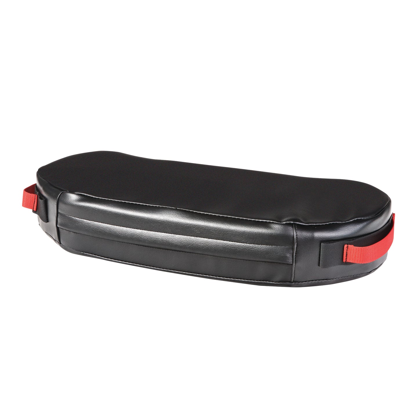 The AliMed BreakAway Lap Cushion is a black cushion with red straps designed for patient support and safety.