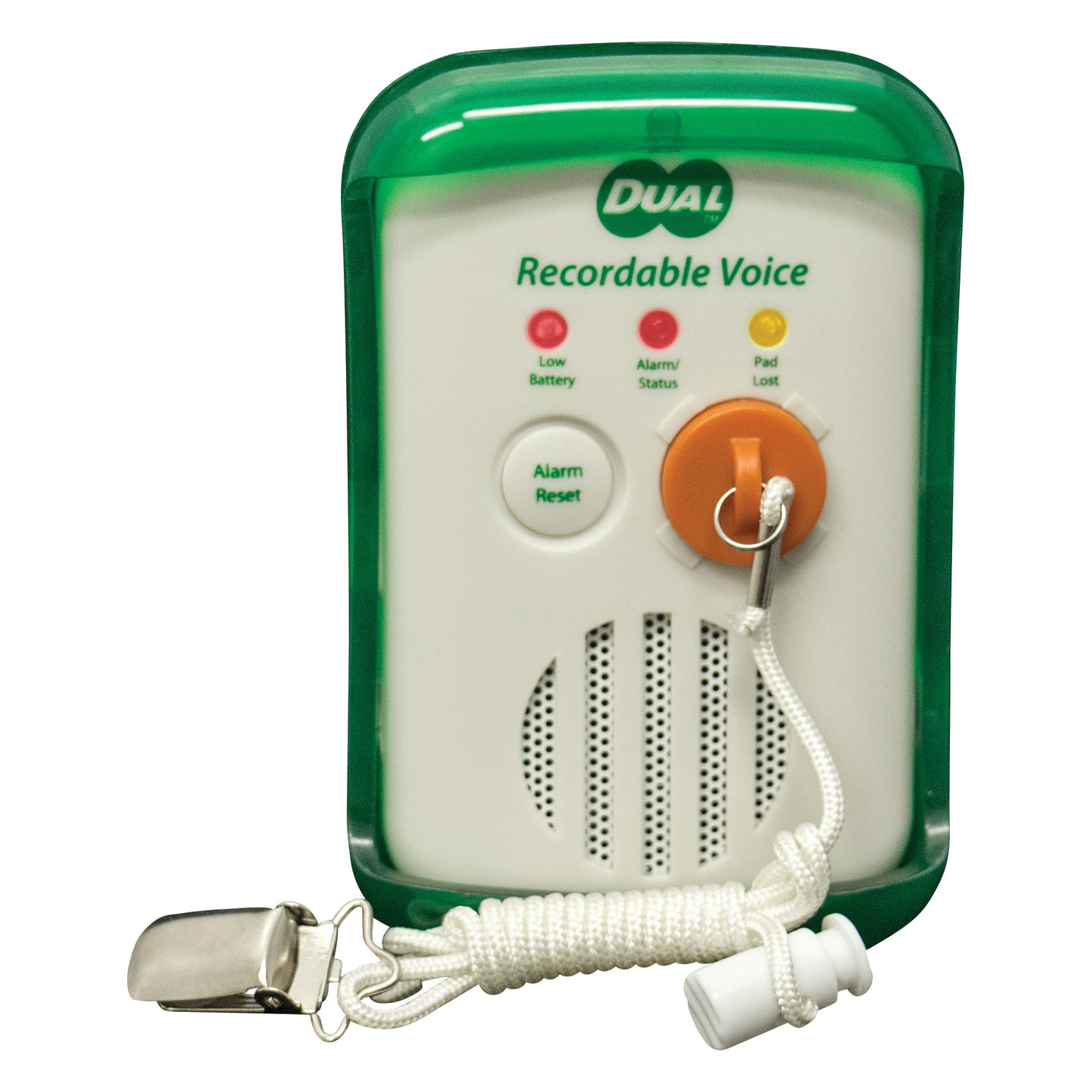 Smart Caregiver DUAL Recordable Voice Fall Monitor with green casing, alert buttons, speaker grille, and attached lanyard with clip.