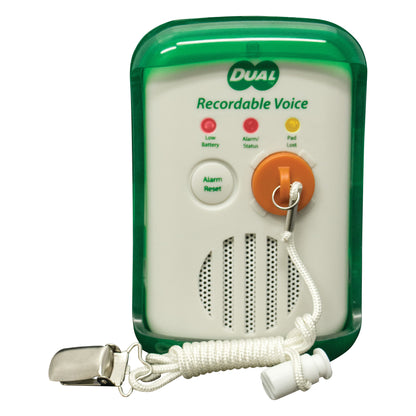 Smart Caregiver DUAL Recordable Voice Fall Monitor with green casing, alert buttons, speaker grille, and attached lanyard with clip.