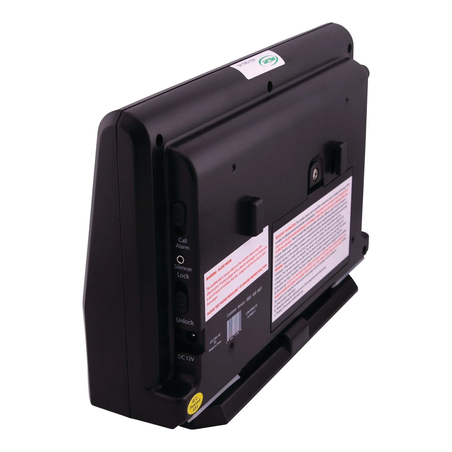 Smart Caregiver Economy Central Monitor, rear view showing call alarm, silence lock, unlock switch, DC input, and instructions.