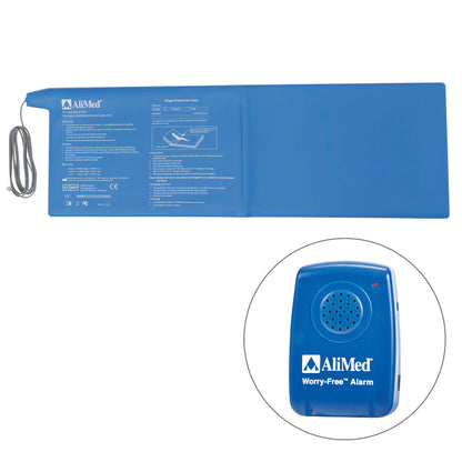 AliMed Worry-Free Sensor Alarm with Bed Sensor Pad features a blue pad and alarm device for patient safety monitoring.