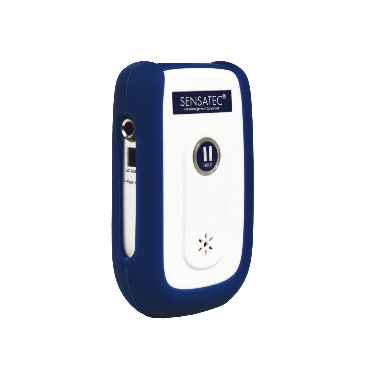 The Sensatec Fall Alert ST750 Voice Alarm Unit is a compact, white device with blue edges, featuring a pause button and ventilation holes.