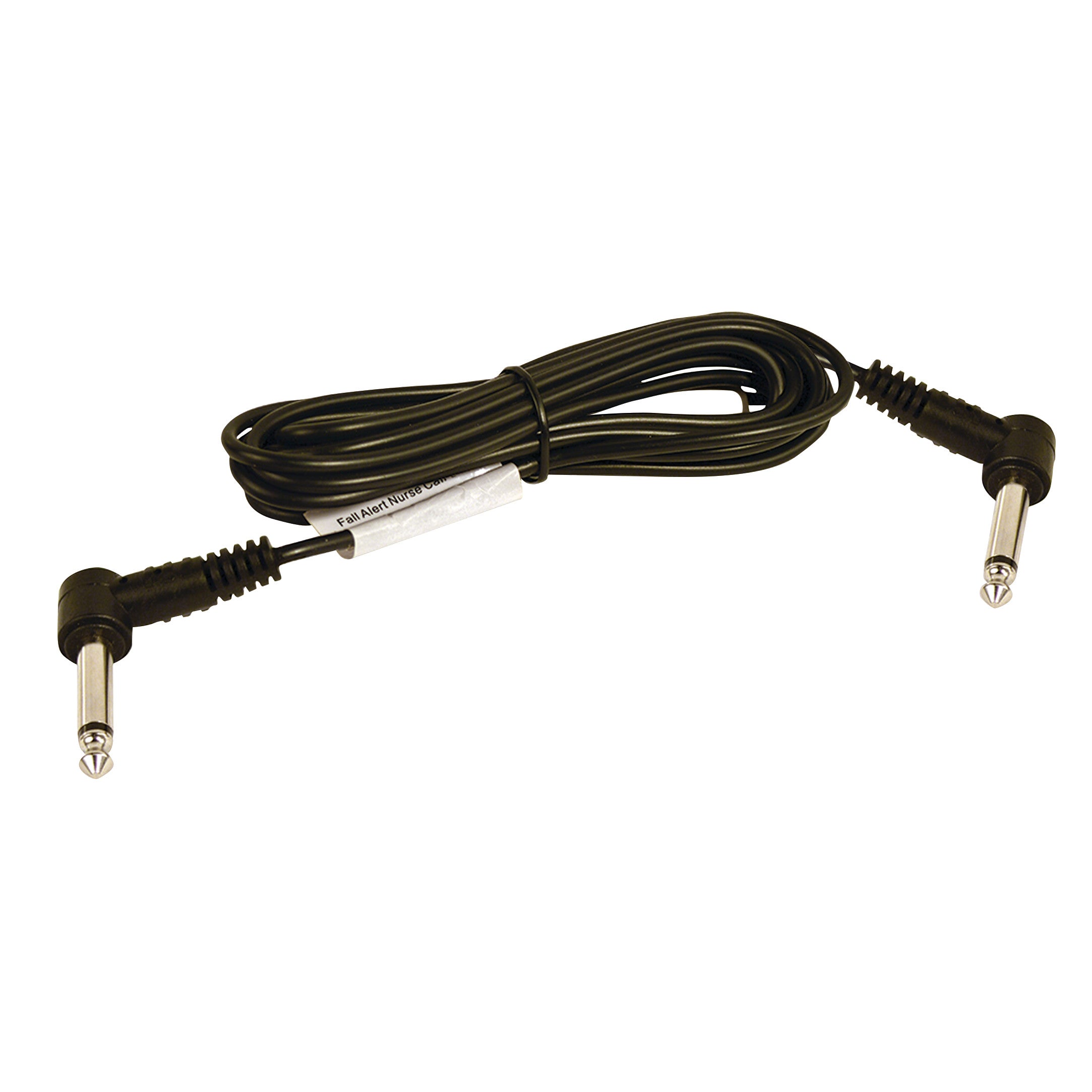 A Sensatec Nurse-Call Connection Cord with two right-angle plugs and a coiled black cable fastened with a label.