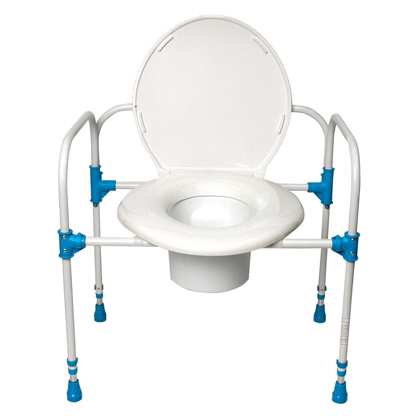 Big John Commode Chair with a white seat, lid, and sturdy metal frame, featuring blue bracket accents and adjustable legs.