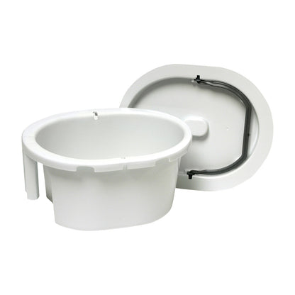 The image displays the Big John Commode Chair with a large white bucket and a removable lid featuring a built-in handle.