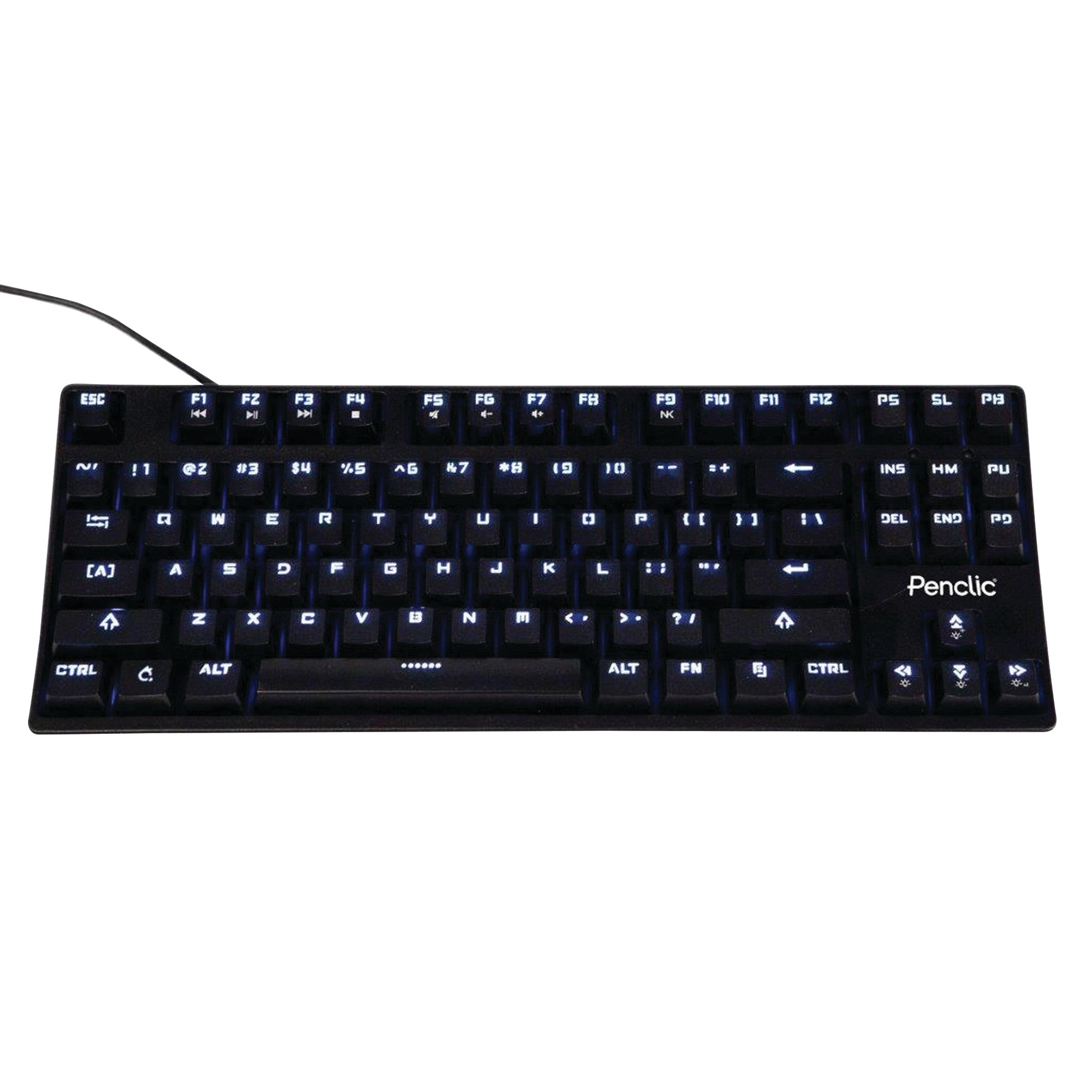 MK1 Mechanical Keyboard with a black design features white backlit keys, compact layout, and multimedia function keys.