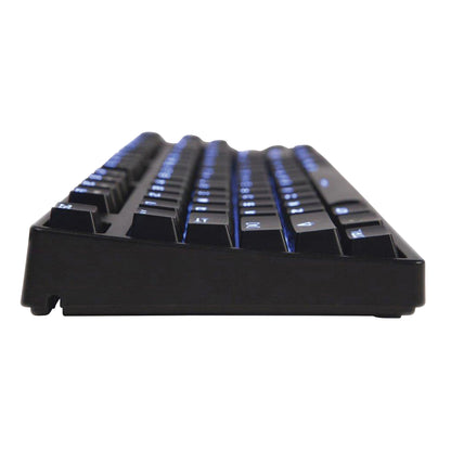 Side view of the MK1 Mechanical Keyboard with illuminated keys against a white background.