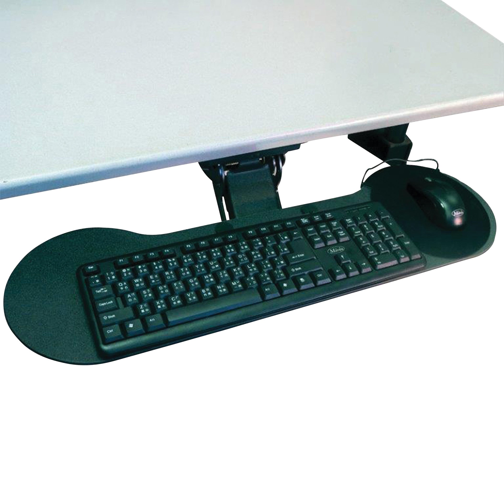 The Weber Knapp Ultra Compact Keyboard Tray features a mounted keyboard and mouse setup under a desk with an adjustable arm.