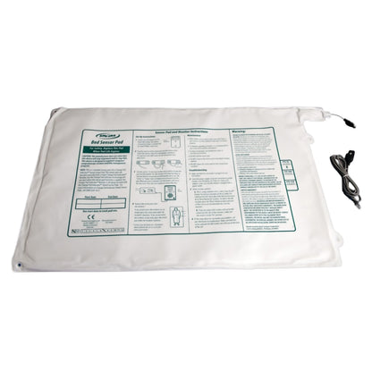 Smart Caregiver Corded Antimicrobial Bed Sensor Pad with printed instructions, attached cord, and a loop for securing.